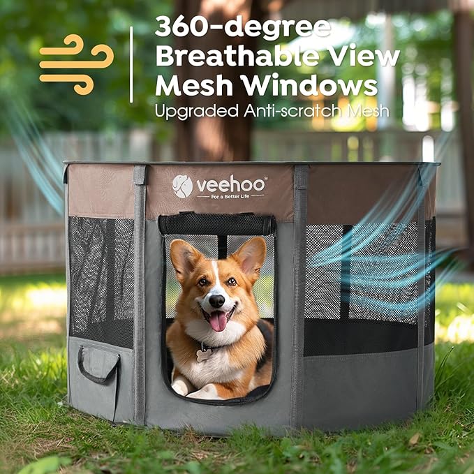 Veehoo Portable Puppy Playpen, Pet Kitten Playpen for Indoor Portable PopUp Dog Kennel Foldable Playpen Outdoor Tent Crate with Carrying Case for Kitten Puppy Small Animal,Coffee 35.8"Lx35.8"Wx22.8"Th