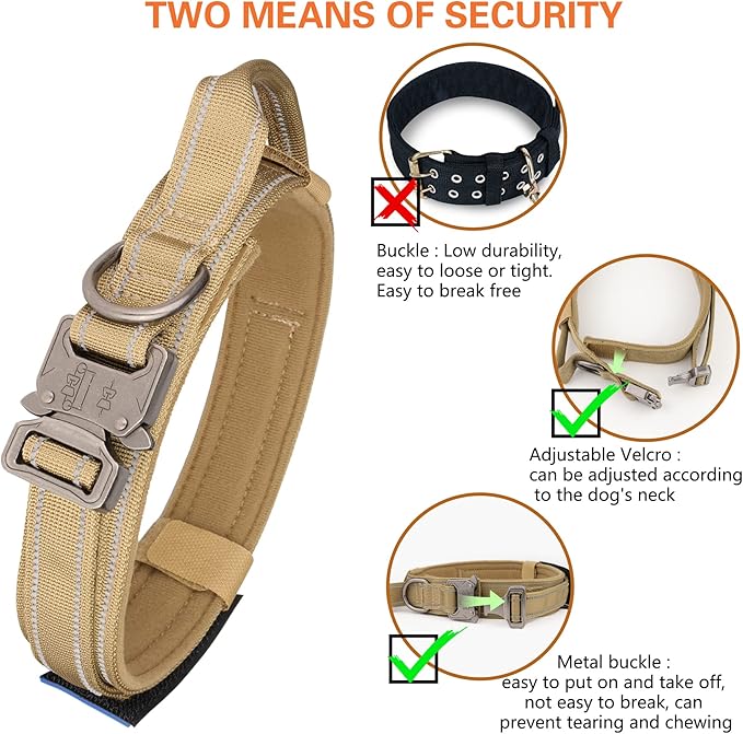 KCUCOP Tactical Dog Collar, Heavy Duty Dog Collar with Handle and Metal Buckle, Military Thick Dog Collars for Medium and Large Dogs(Brown-Reflective Set-L, 1 Patch)