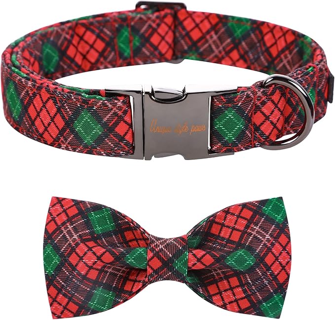 Unique style paws Christmas Dog Collar with Bow Tie Red Green Plaid Adjustable Cotton Puppy Collar for Small Medium Large Dogs-XS