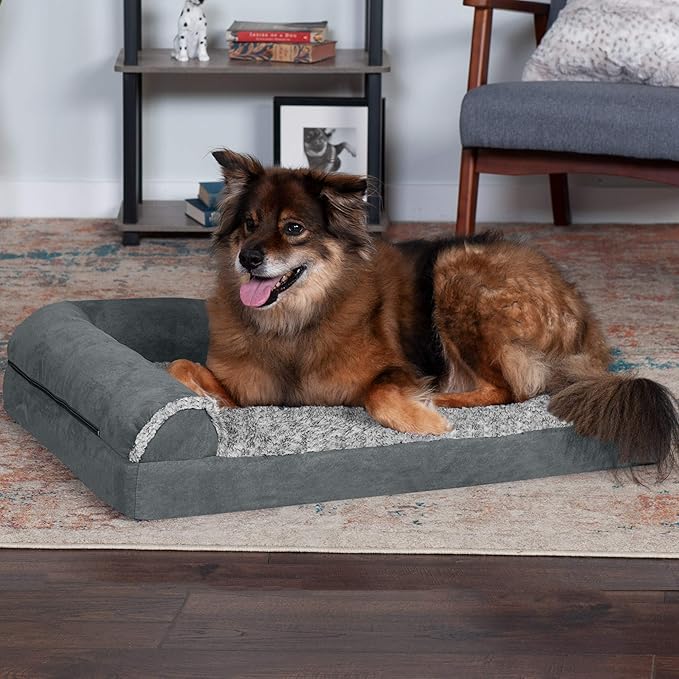 Furhaven Memory Foam Dog Bed for Large/Medium Dogs w/ Removable Bolsters & Washable Cover, For Dogs Up to 55 lbs - Two-Tone Plush Faux Fur & Suede L Shaped Chaise - Stone Gray, Large