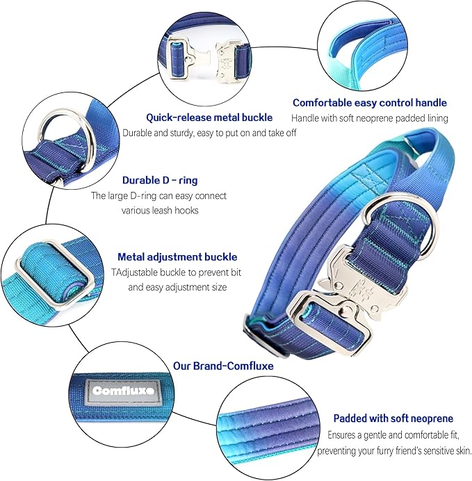 Tactical Military Dog Collar, Strong Heavy Duty Dog Collar, Wide Thick Dog Collar with Handle, Soft Neoprene Padded Collar with Quick Release Metal Buckle for Medium Large Dogs (Blue, M)
