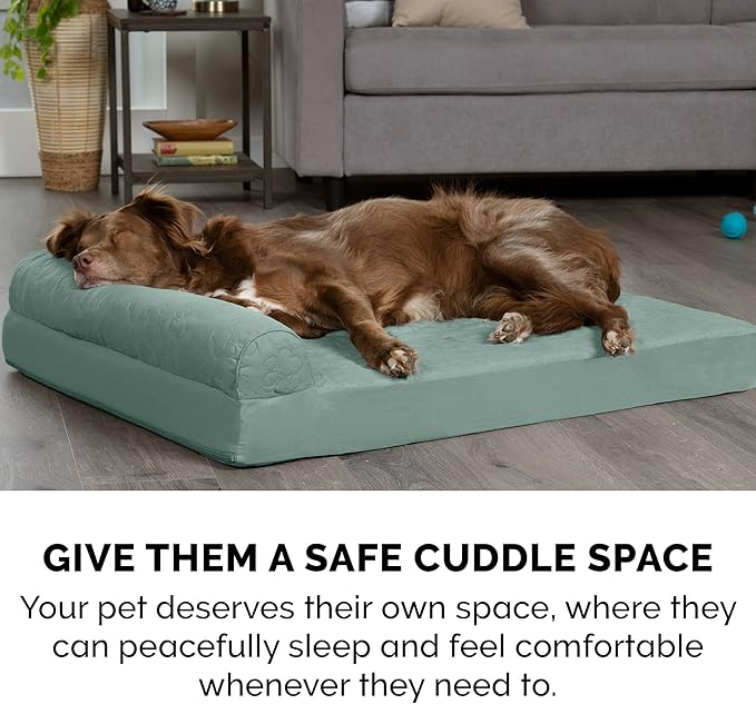 Furhaven Memory Foam Dog Bed for Large Dogs w/ Removable Bolsters & Washable Cover, For Dogs Up to 95 lbs - Pinsonic Quilted Paw L Shaped Chaise - Iceberg Green, Jumbo/XL