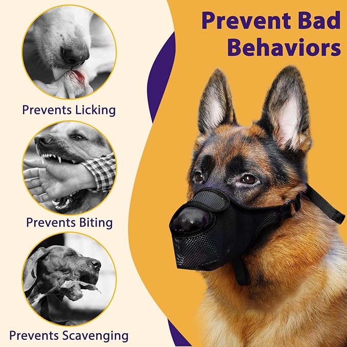 LUCKYPAW Dog Muzzle, Mesh Muzzle for Large Medium Small Dogs with Front Opening Design, Dog Mouth Cover to Prevent Biting, Licking, Chewing, Scavenging, Allows Drinking (S-Snout:7¾-8¾", Black)