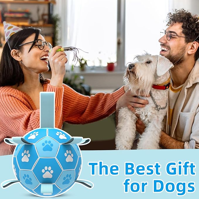 QDAN Dog Toys Balls Dog Soccer Ball with Straps, Dog Balls for Tug of War, Interactive Dog Toys, Dog Birthday Gifts, Durable Dog Water Toy for Small Medium Dogs(6 Inch)