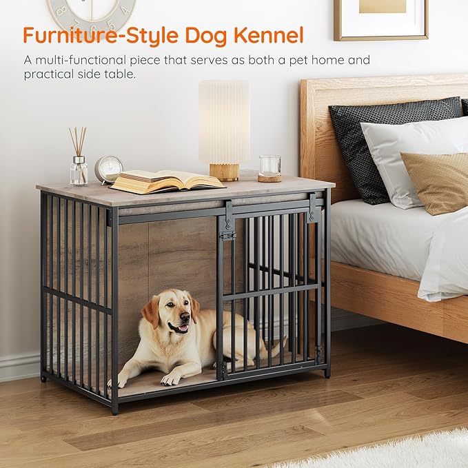 HOOBRO Dog Crate Furniture, 36.6" Heavy Duty Dog Kennel with Sliding Barn Door, Decorative Dog Crate Indoor, End Side Table for Small/Medium Dog, Greige and Black BG162GW03G1