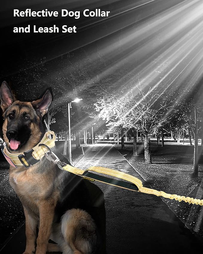 AUBELL Tactical Dog Collar and Leash Set, Adjustable Military Nylon Reflective Dog Leash and Collar with Handle and Heavy Metal Buckle for Medium Large Dogs, with Airtag Case and 2 Patches(Yellow, L)