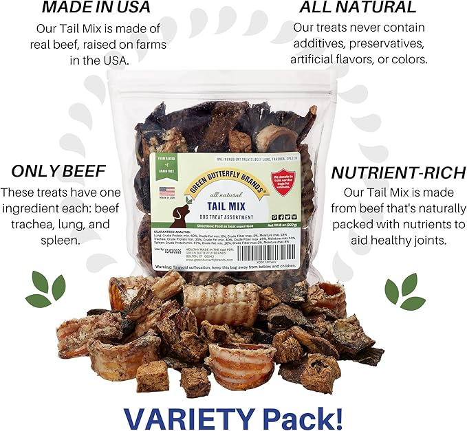 Tail Mix – Dog Treats Made in USA Only – All Natural Beef Bites – 1 Ingredient Grain Free Assortment – Beef Lung, Trachea and Spleen – Dog Treats for Training, 8 Ounces