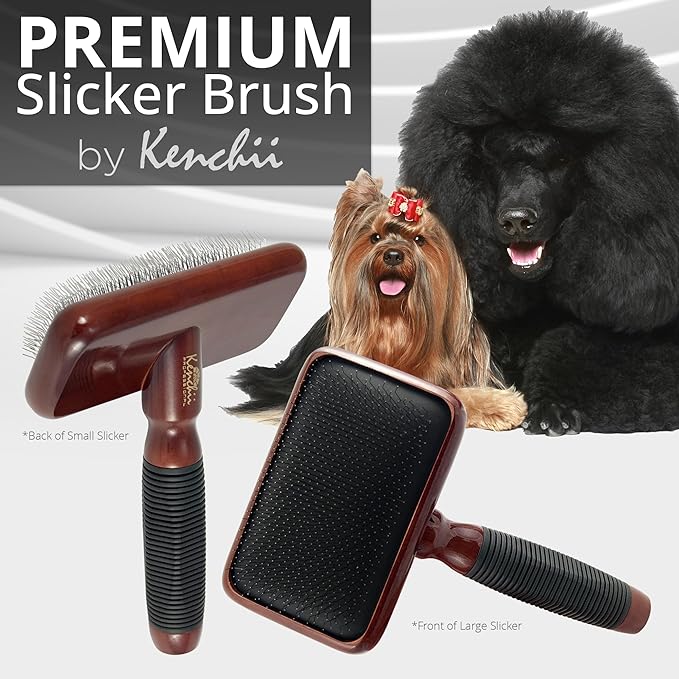 Kenchii Slicker Brush for Dogs, Professional Dog Grooming Brush for Loose Fur, Tangles, Long Short Haired, Stainless Steel Pins, Maplewood Handle (Large)