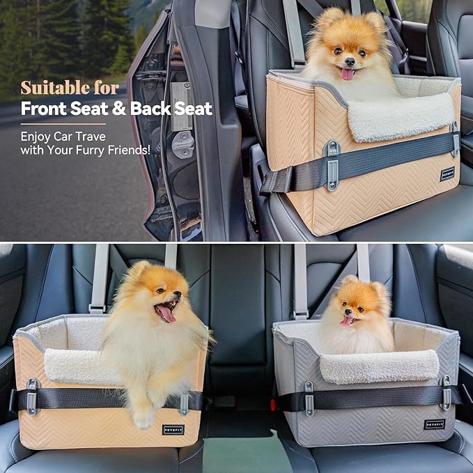 PETSFIT Cat Car Seat, Waterproof PU Leather Dog Booster Car Seat with Patented Safe Buckles, Clip-On Leash, Pet Travel Carrier Bed for Small Pets Up to 25lbs (Orange)