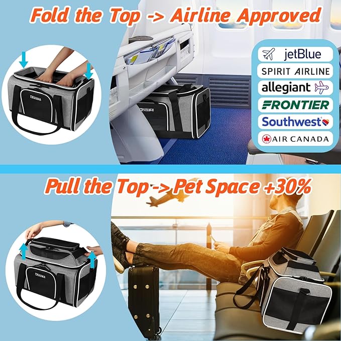 Petskd Top-Expandable Pet Carrier 17x12x8.5 Inches JetBlue Frontier Spirit Airline Approved, Soft-Sided Carrier for Small Cats and Dogs with Locking Safety Zippers and Anti-Scratch Mesh(Grey)