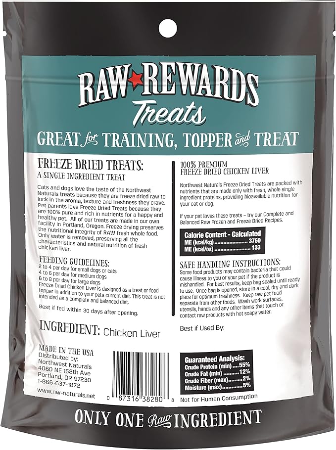 Northwest Naturals Raw Rewards Freeze-Dried Chicken Liver Treats for Dogs and Cats - Bite-Sized Pieces - Healthy, 1 Ingredient, Human Grade Pet Food, All Natural - 3 Oz (Pack of 1)
