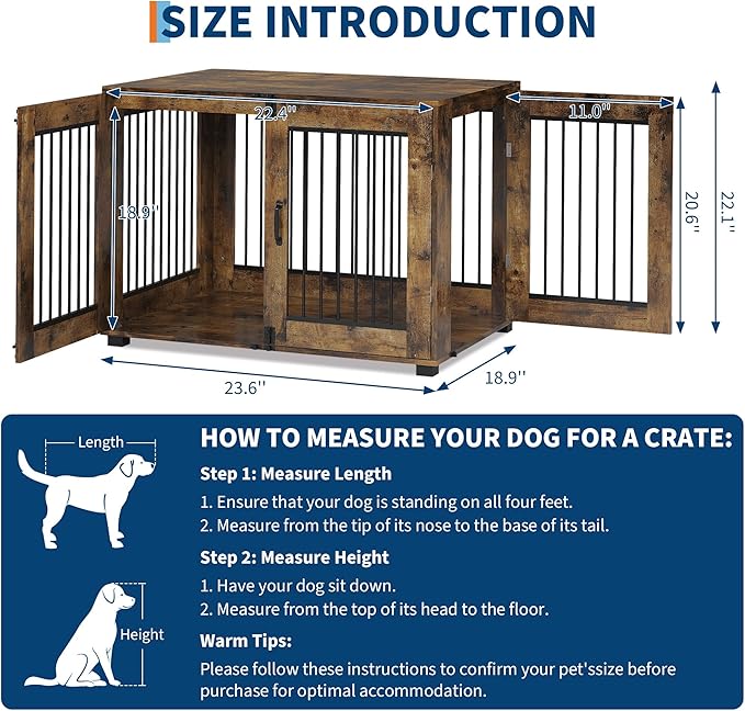 23.6" Dog Crate Furniture, Wooden Kennel with Locking Double Doors, Chew-Resistant Indoor Pet Cage End Table for Small Breeds, Brown
