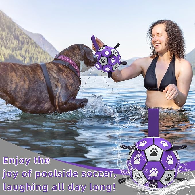 QDAN Dog Toys Soccer Ball with Straps - Dog Water Toy, Puppy Birthday Gifts, Durable Dog Balls for Small Medium Dogs (6 Inch)