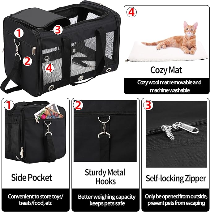 Soft Sided Cat/Dog Carrier,Collapsible Pets Travel Carriers for Pet/Puppy with Shoulder Strap & Removable Mat,Mesh Top Load Small Dogs/Cats Carry Bag Up to 17 Lbs TSA Airline Approved(Black,M)
