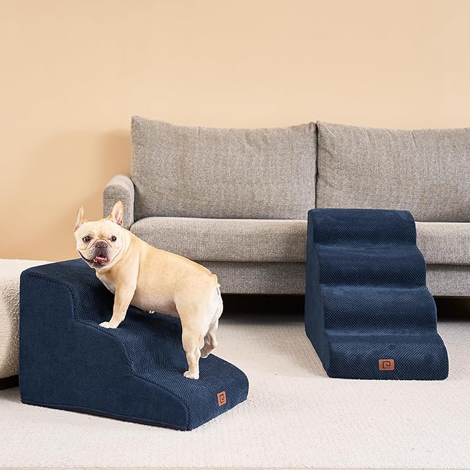 EHEYCIGA Curved Dog Stairs Ramp for Small Dogs 15.7" H, 3-Step Dog Steps for Couch Sofa and Chair, Pet Stairs for Cats, Non-Slip Balanced Pet Steps Indoor, Navy