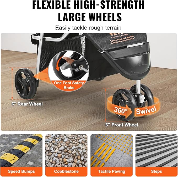 VEVOR Pet Stroller for Dogs and Cats up to 35lbs, 3 Wheels Folding Dog Cat Stroller for Medium Small Dogs, Portable Lightweigh Puppy Doggy Doggie Jogging Stroller with Storage Basket and Cup Holder