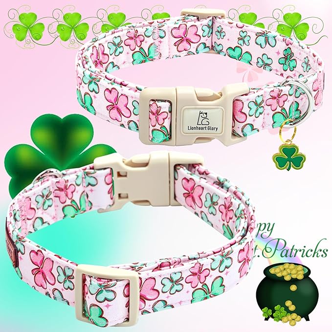 Lionheart glory St. Patrick's Day Dog Collar, Clover Collars Pink Dog Collar for Small Dogs Spring Female Dog Collar Adjustable Heavy-Duty Dog Collar Pet Gift Plastic Buckle