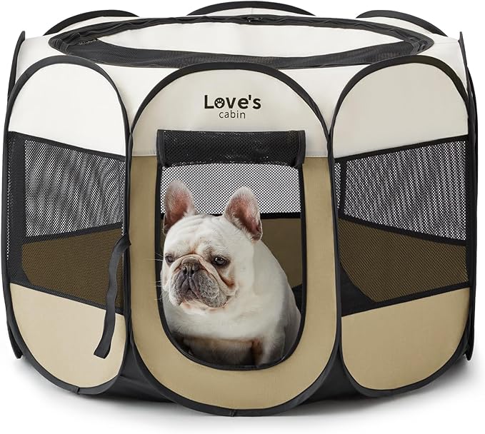 Love's cabin Pet Puppy Dog Playpen, Medium Dog Tent Crates Cage Indoor/Outdoor, Portable Playpen for Cat, Foldable Pop Up Dog Kennel Playpen with Carring Case, Removable Zipper Top, Khaki