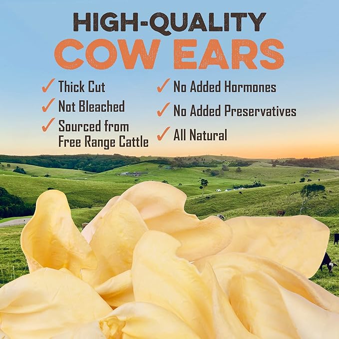 Premium Cow Ears For Dogs, Thick Cut & All-Natural Whole Ears, 100% Grass Fed Beef, No Additives Or Hormones, Safe Rawhide Alternative, Great Dog Treat Alternative To Pig Ears, Bully Sticks, Dog Bones