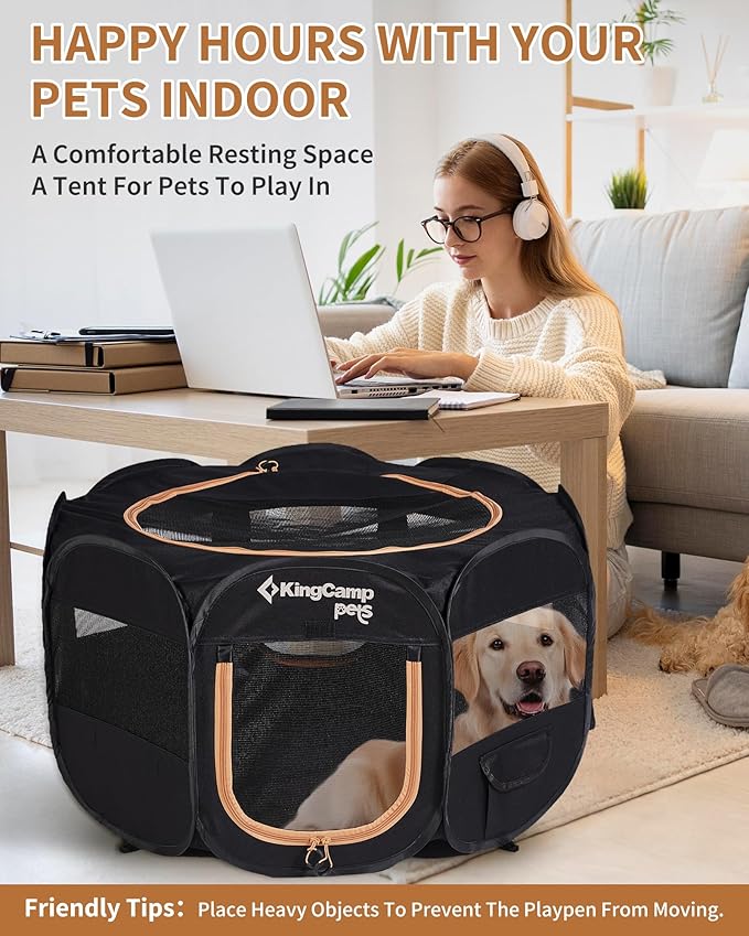 KingCamp Dog Playpen, Portable Foldable Cat Kitten Puppy Tent Crates 29"/36"/50" Pop Up Pet Playpen with Zippered Bottom & Cover for Indoor Outdoor Use (X-Large, Black)