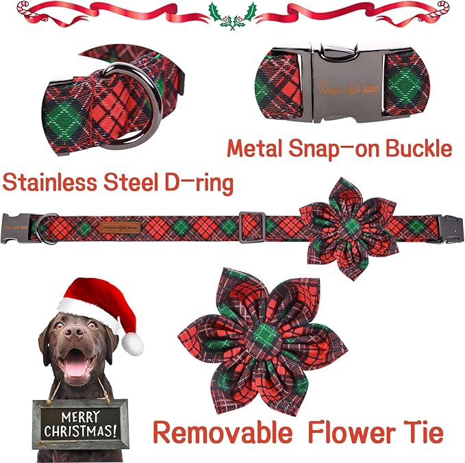 Unique style paws Christmas Dog Collar with Flower Tie Red Green Plaid Adjustable Cotton Puppy Collar for Small Medium Large Dogs-XL
