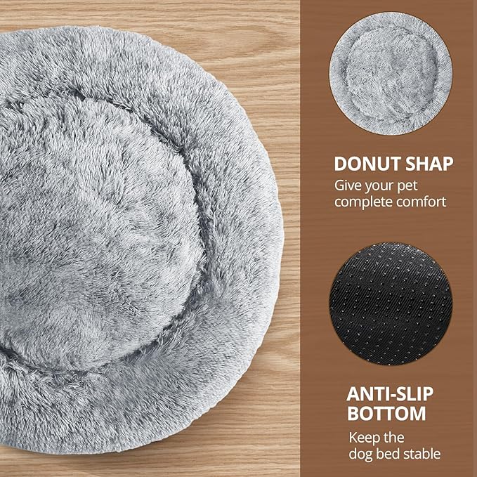 JOLLYVOGUE Donut Dog Bed for Large Dogs, Anti-Anxiety Washable Round Large Pet Bed, Calming Donut Dog Bed for Sleeping, Fluffy Dog Beds for Large Dogs, Round Bed for Indoor Pet (36"/Smoke Gray