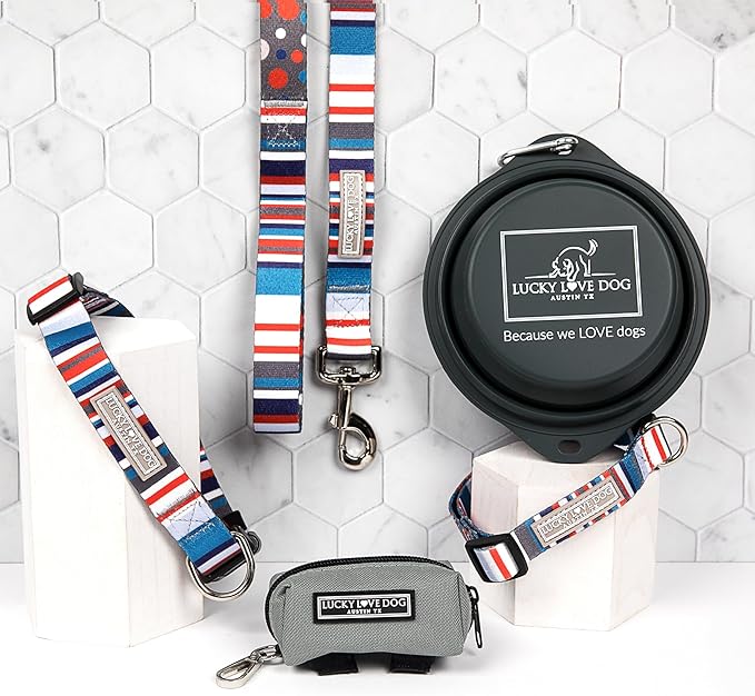 Lucky Love Dog, Nautical Matching Dog Collar and Leash Set, Polka Dot Striped Dog Collar and Leash for Male Female Dogs - (Medium, Linus Combo)