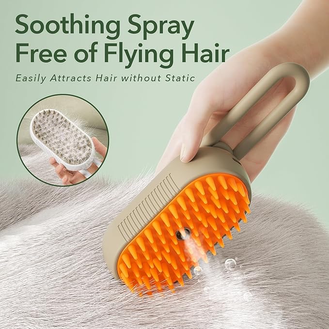 2nd Generation 3-in-1 Cat Steam Brush for Shedding, Pet Hair Removal Comb with Water Tank, Spray Cat Brush for Pet Grooming, Steamy Cat Brush for indoor Haired Cats, Dogs and Rabbits (Khaqi)