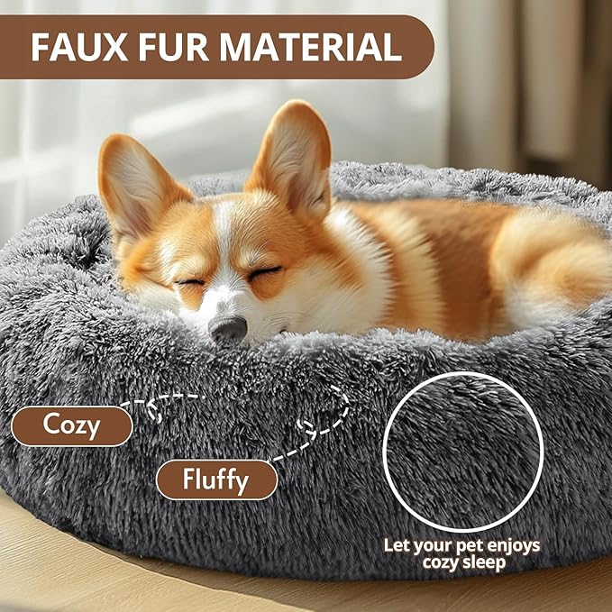 JOLLYVOGUE Donut Dog Bed for Large Dogs, Anti-Anxiety Washable Round Large Pet Bed, Calming Donut Dog Bed for Sleeping, Fluffy Dog Beds for Large Dogs, Round Bed for Indoor Pet (36"/Smoke Black