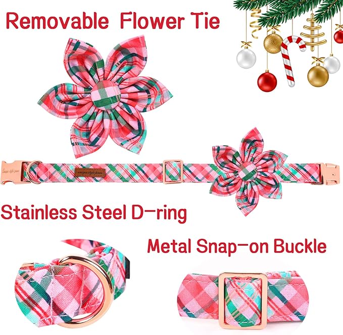 Unique style paws Dog Collar with Flower Pink & Green Plaid Dog Collar Best Gifts for Small Medium Large Dogs -L