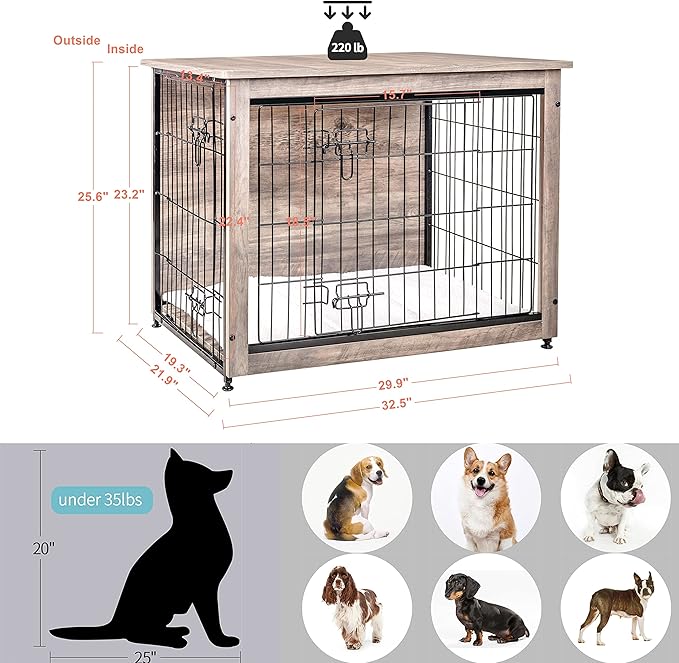 DWANTON Dog Crate Furniture with Cushion, Wooden Dog Crate with Double Doors, Dog Furniture, Indoor Dog Kennel,End Table, Medium, 32.5" L, Greige