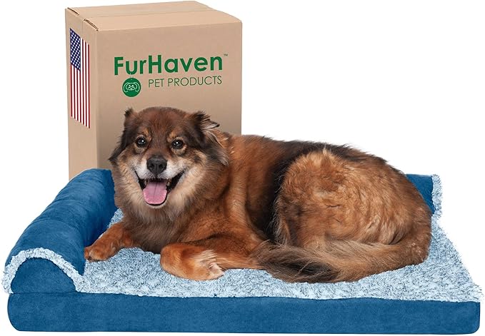 Furhaven Memory Foam Dog Bed for Large/Medium Dogs w/ Removable Bolsters & Washable Cover, For Dogs Up to 55 lbs - Two-Tone Plush Faux Fur & Suede L Shaped Chaise - Marine Blue, Large