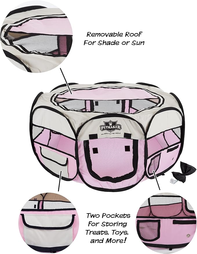 Portable Puppy Playpen - Small Pop-Up Play Yard for Pets Up to 25lbs with Mesh Windows, 2 Pockets, Zippered Roof, and Carry Bag by PETMAKER (Pink)