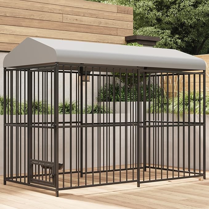 Large Outdoor Dog Kennel with Waterproof Cover, Large Dog House with Feeding Doors, Heavy Duty Dog Enclosures for Garden Backyard Courtyard(8×4×6FT)