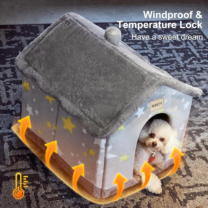 JIUPETY Cute Cat Beds for Indoor Cats, Foldable Cat House with Non-Slip Bottom, S Size Kitten Bed Up to 8 Lbs Kitty, Grey