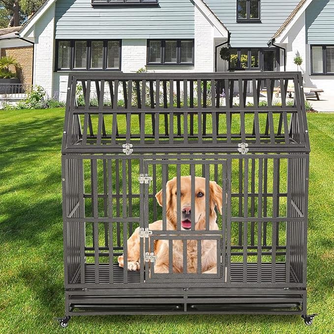 KELIXU 48" Heavy Duty Dog Crate Large Dog cage Dog Kennels and Crates for Large Dogs Indoor Outdoor with Double Doors, Locks and Lockable Wheels, Black