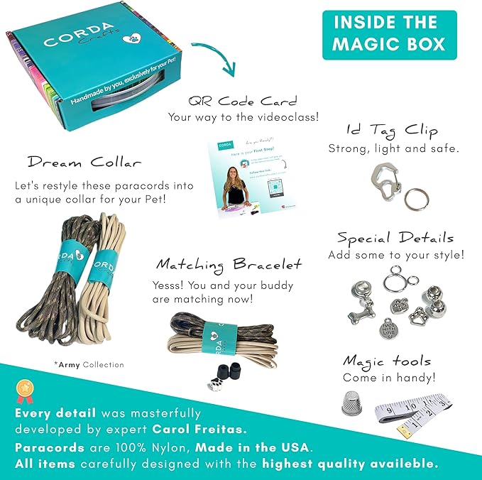 CORDA Crafts - Paracord Kit - Complete Accessories for Making Necklace Dog and Owner Matching Bracelet - Easy Video Tutorial - Waterproof Pet ID Tag Clip Included - Medium Dog, Army