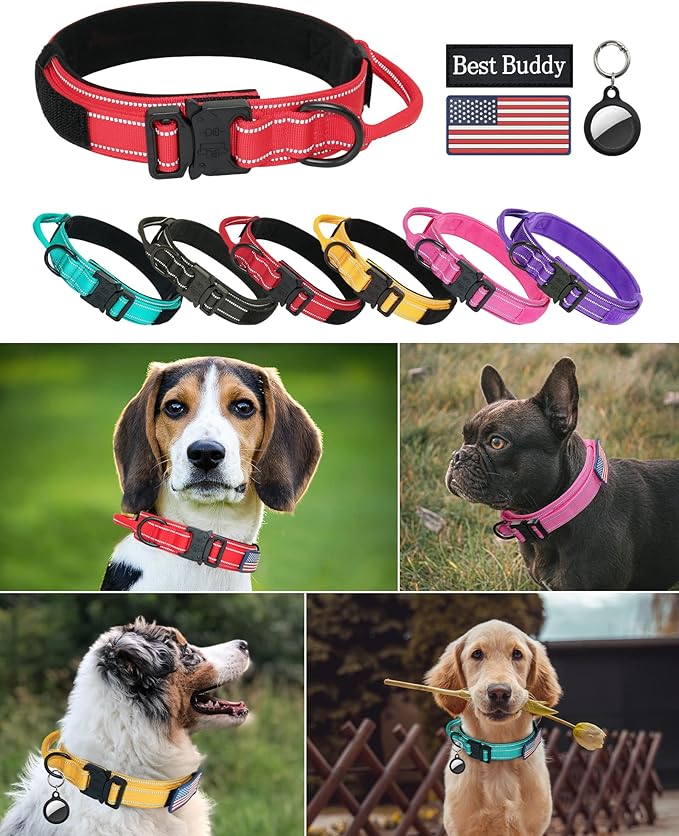 AUBELL Reflective Dog Collar, Tactical Dog Collar Military Dog Collar Adjustable Nylon Dog Collar with Handle and Heavy Metal Buckle Great for German Shepherd, with Airtag Case and Patches(Red, L)
