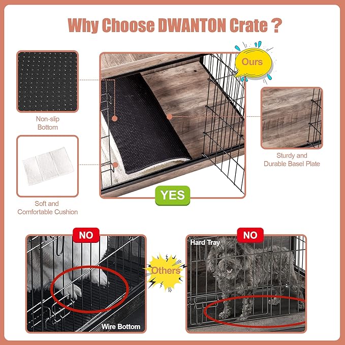 DWANTON Dog Crate Furniture with Cushion, Wooden Dog Crate with Double Doors, Dog Furniture, Indoor Dog Kennel,End Table, Medium, 32.5" L, Greige