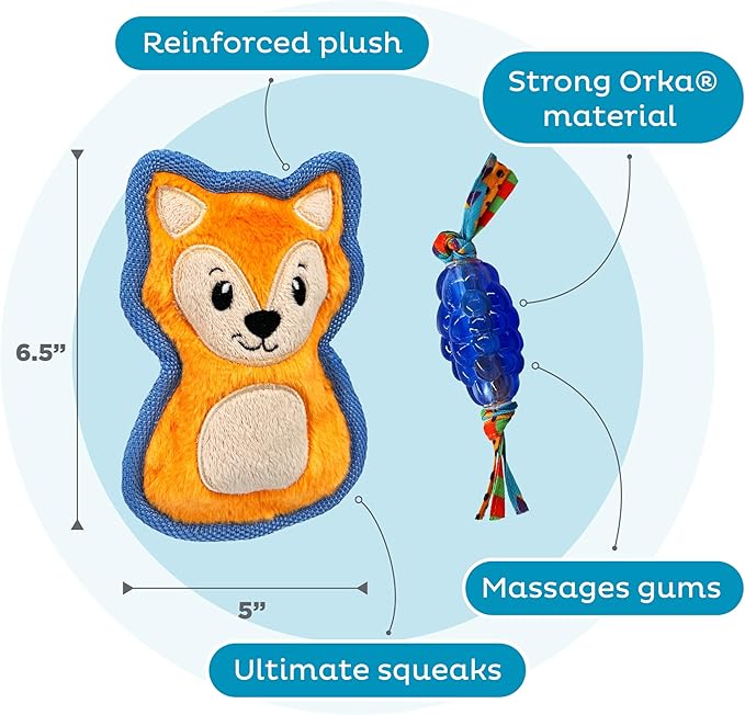 Petstages Mini Orka & Friends Fox Dog Toys 2-Pack – Dental Dog Chew Toy and Tough Plush Squeaky Dog Toy, Orange, XS