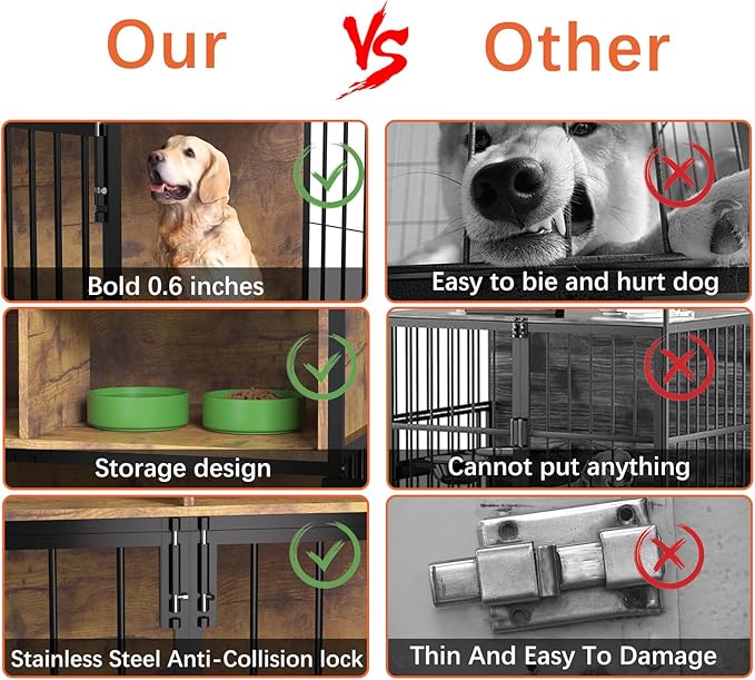 aboxoo 40/32 Inches Furniture-Style Cages,Large Medium Dog Kennels Indoor,Wood Dog Crate Table with Drawers Storage(Rustic Brown)