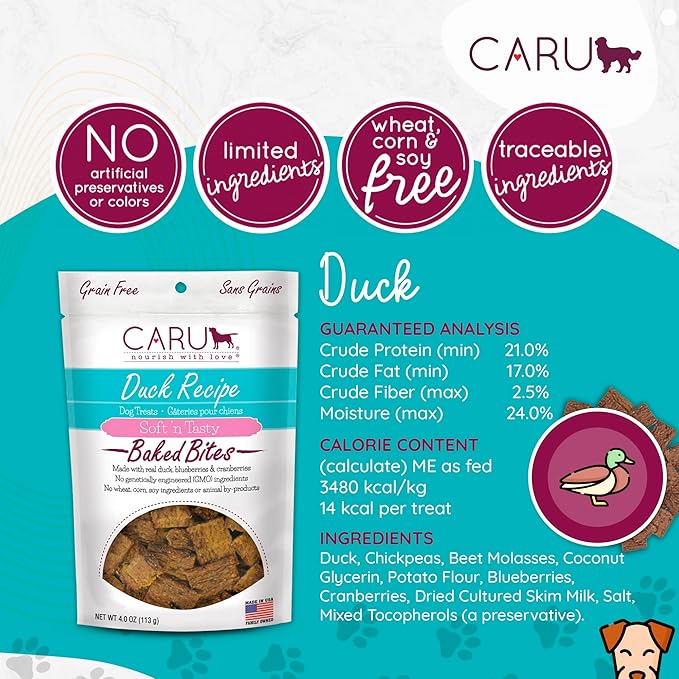 Caru - Soft n’ Tasty Baked Bites - Duck Bites Dog Treats - Flavorful Training Treats - 4 oz Bags - Pack of 3