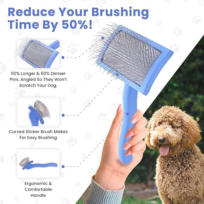 We Love Doodles Dog Slicker Brush for Grooming Pet Hair - Best Brushes For Poodle & Golden Doodle - Long Haired Brush For Dogs - Goldendoodle Long Pin Brush For Dematting (Medium Curved)