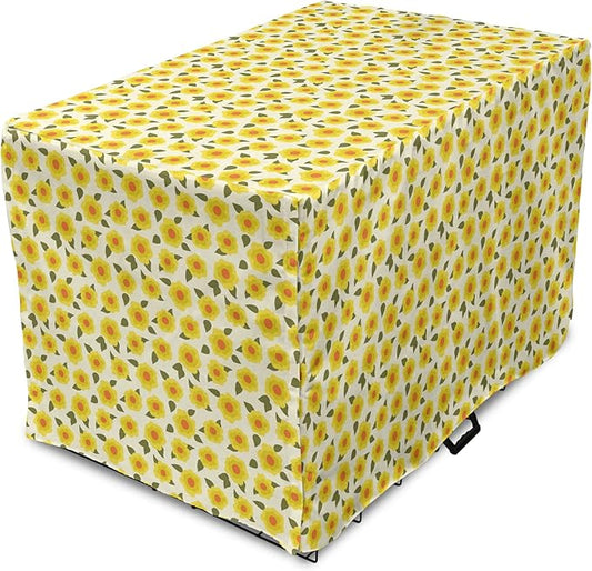 Lunarable Daffodil Dog Crate Cover, Retro Abstract Small Bedding Plants Flourishing Meadow Girls Design, Easy to Use Pet Kennel Cover for Medium Large Dogs, 48 Inch, Yellow Green Orange
