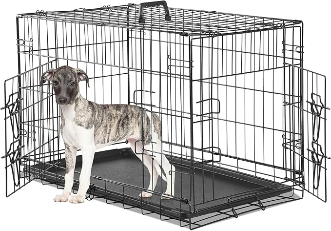 Dog Crates for Medium Dogs, Heavy Duty Dog Cage Indoor W/Divider Panel & Removable Tray, Metal Double Doors Dog Kennel for Indoor Outdoor Travel, Floor Protecting Feet, 30 in Black