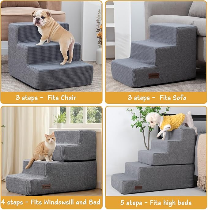 Dog Stairs for High Bed,5 Steps Pet Stairs for Small Dogs and Cats,Anti-Slip Removable Dog Steps for Bed,Bed Stairs for Dog,Grey