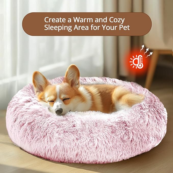 JOLLYVOGUE Donut Dog Bed for Medium Dogs, Anti-Anxiety Washable Round Bed, Calming Donut Dog Cat Bed for Puppy Bed, Fluffy Dog Beds for Large Dogs, Round Puppy Bed for Indoor Pet (31"/Smoke Pink