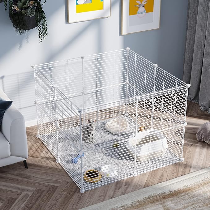 C&AHOME Pet Playpen, Small Animals Supplies, 16 Panels Exercise Playpens Cage, C Grids Portable Yard Fence Indoor, Ideal for Guinea Pigs, Pet Products, DIY Metal Yard Fence, 12" × 15" White UPPM3416W