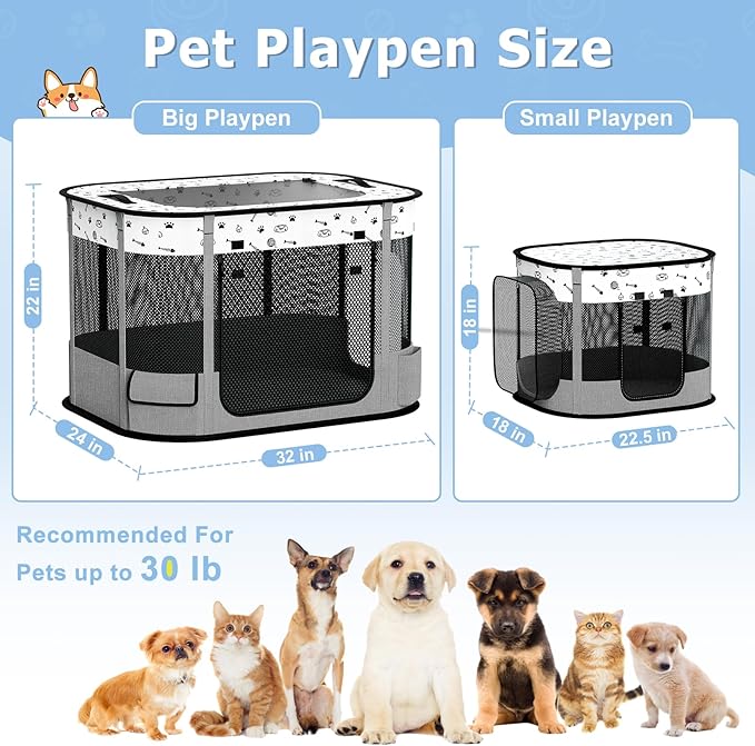 Portable Cat Playpen, Foldable Pet Dog Playpen, for Kitten Puppy Play Pen Indoor/Outdoor, Cats Enclosure Cages Tent with Carrying Case, 600D Oxford 8-Rods, 32"x24"x22", Grey