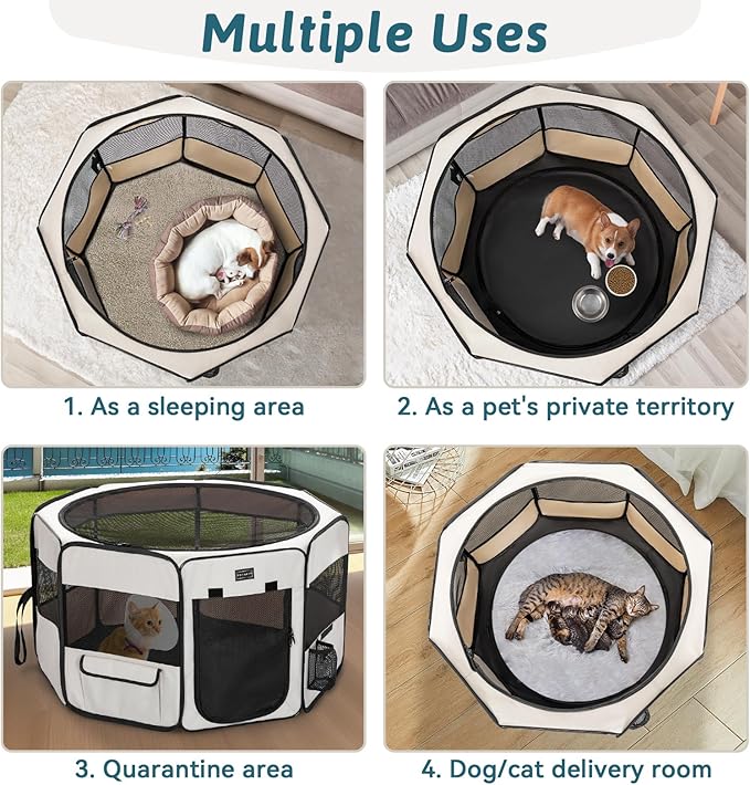 PETSFIT Portable Dog Playpen, 29" Dia Puppy Playpen with Zipper Removable Mesh Top Cover and Leakproof Playpen Bottom Mat-Cat Playpen Indoor/Outdoor for Cats,Dogs&Small Animals